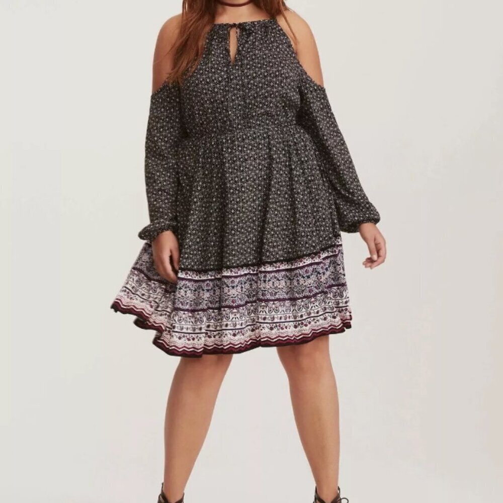 Cold-Shoulder Black Floral Border-Print Dress